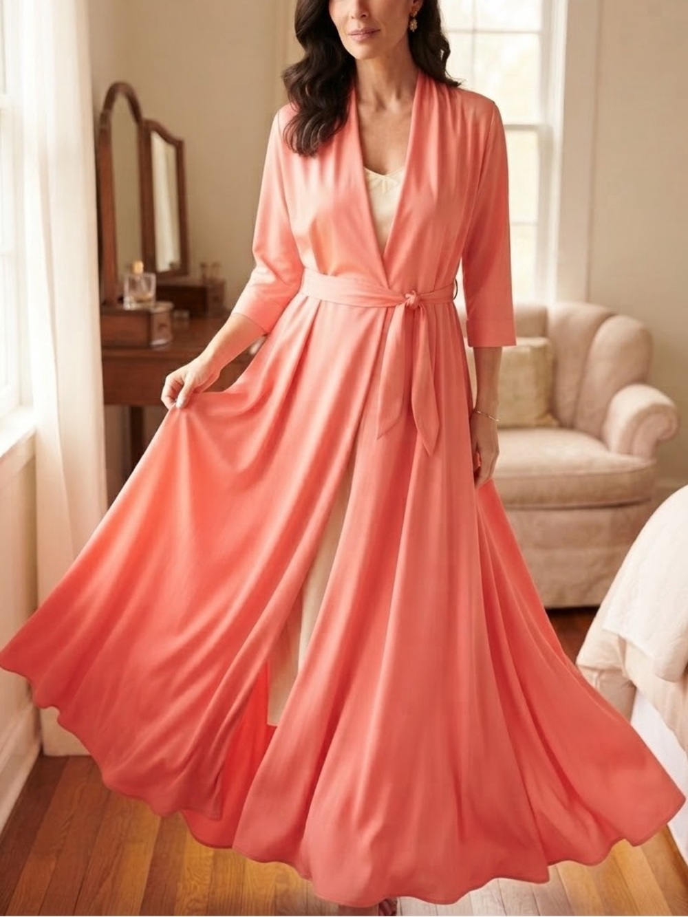 VTG 70s Coral Pink Maxi Robe Duster Surplice Wrap Hook Eye Loungewear Unbranded